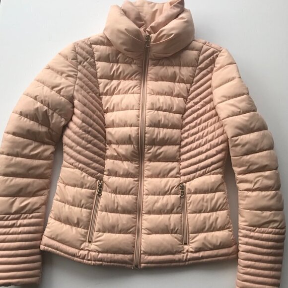 GUESS stretch water/windproof blush pink puffer moto contrasting vegan leather M - Picture 3 of 16